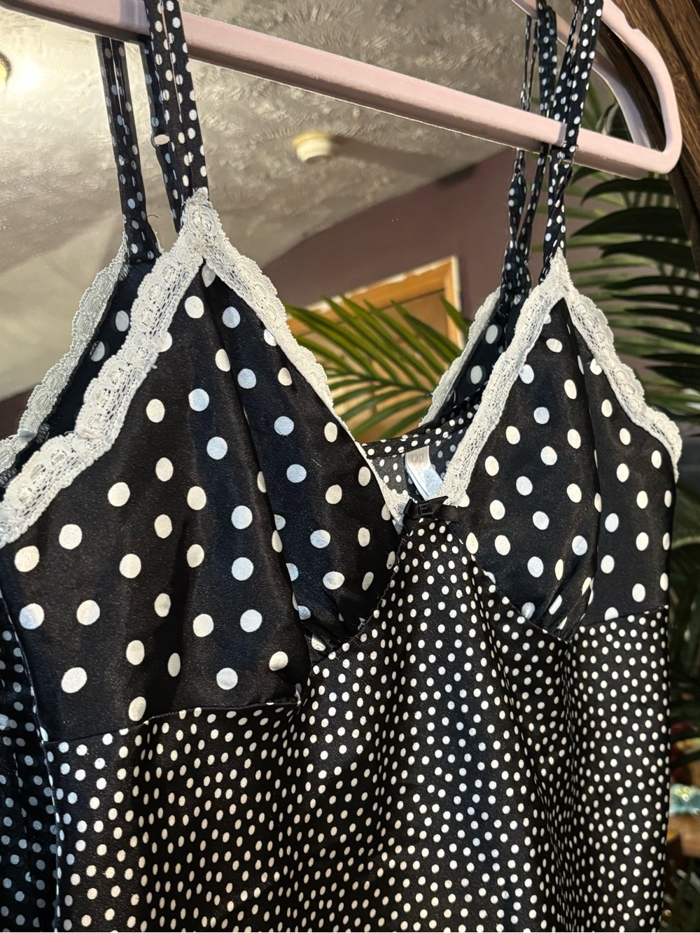 Women's Black & White Polka Dot Lace Trim Slip - Sleeveless Nightdress